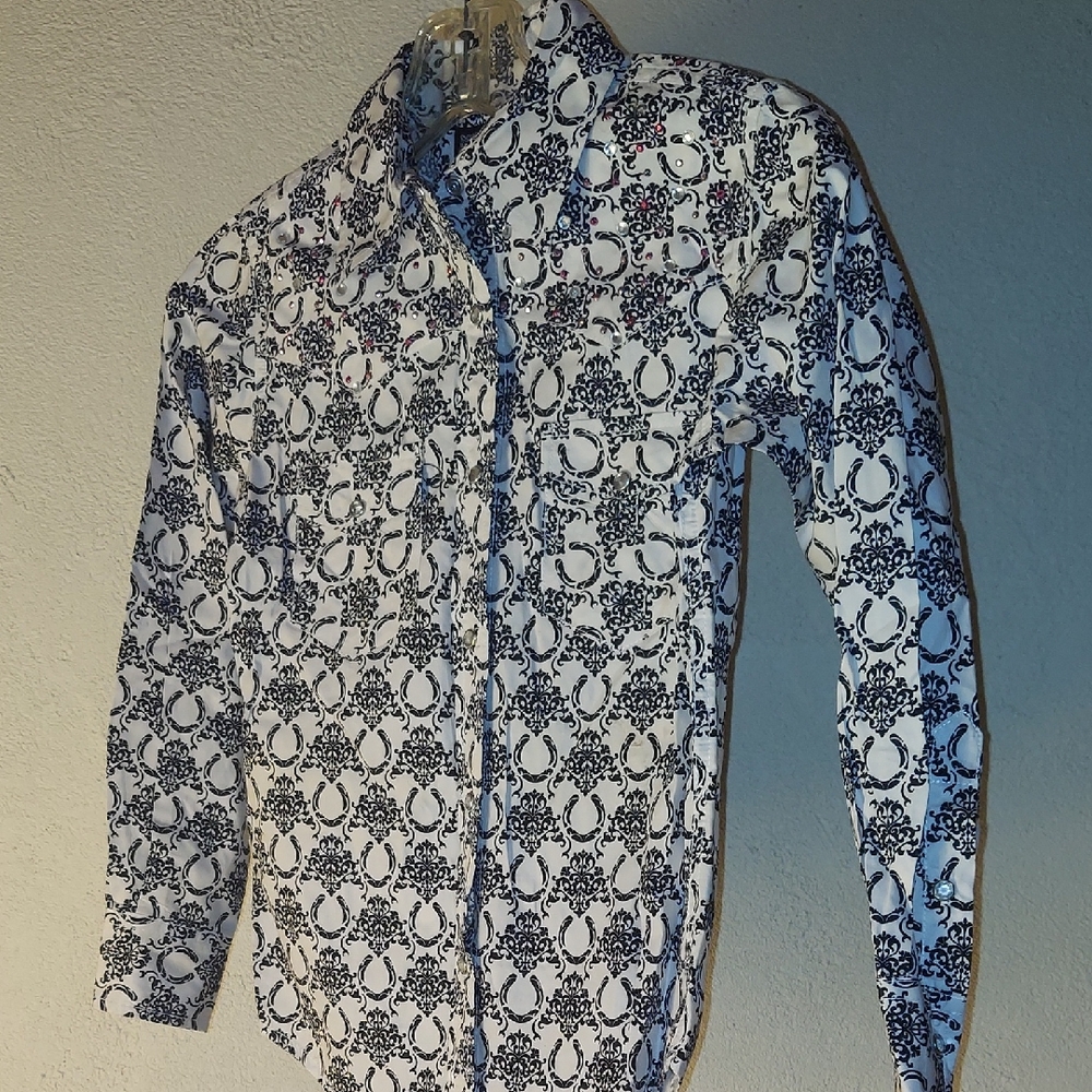 Girl's Cowgirl Hardware Sequin/Horseshoe Black and White Patterned Shirt Size S